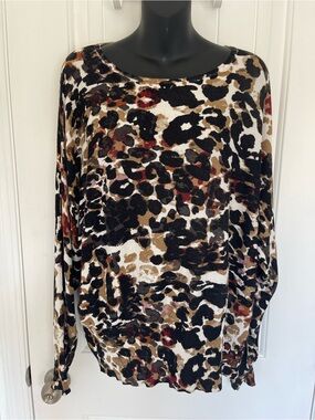 Joseph Scoop Neck Leopard Print Sweater in Black, Brown & Cream with Red Accents